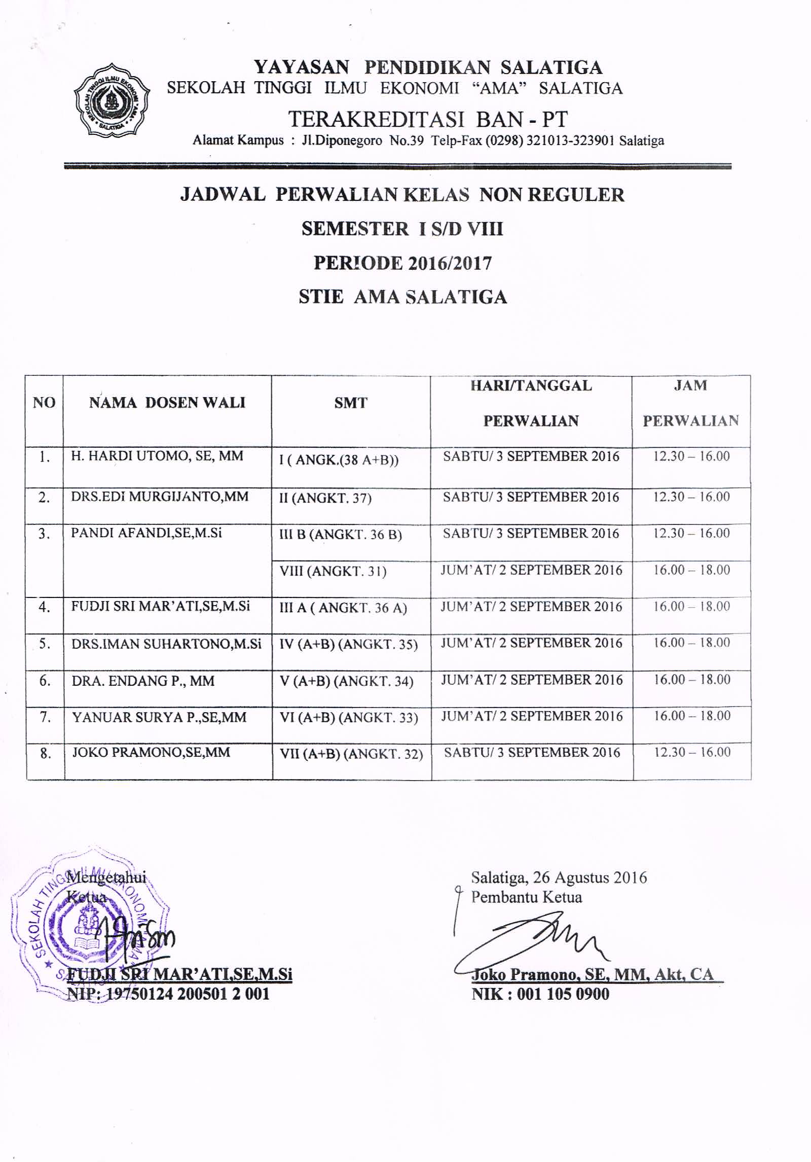 Jadwal Perwalian Mahasiswa kelas NonReguler semester I s/d VIII periode 2016/2017