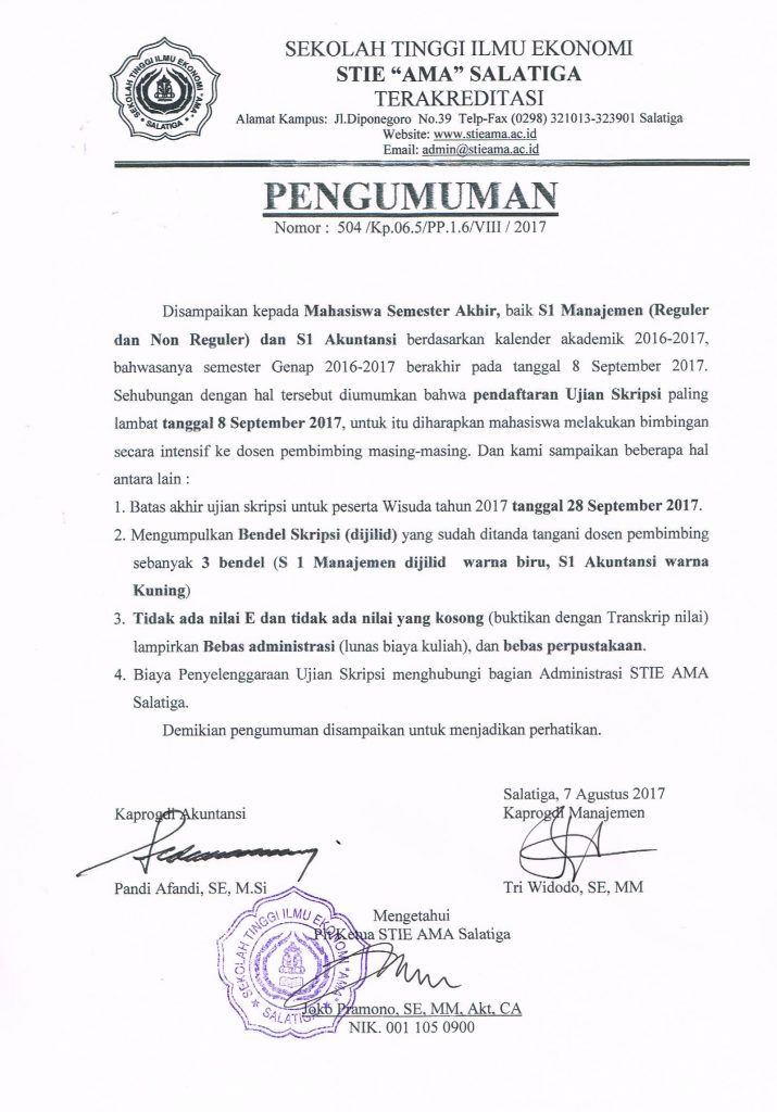 Pengumuman BATAS PENGUMPULAN DAN PENDAFTARAN UJIAN SKRIPSI S1 manajemen